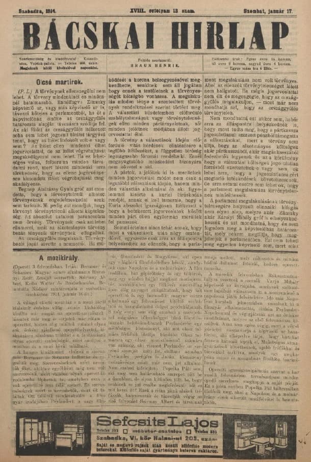 Bácskai Hirlap, 18. évf. 1914. január 17. 13. sz.