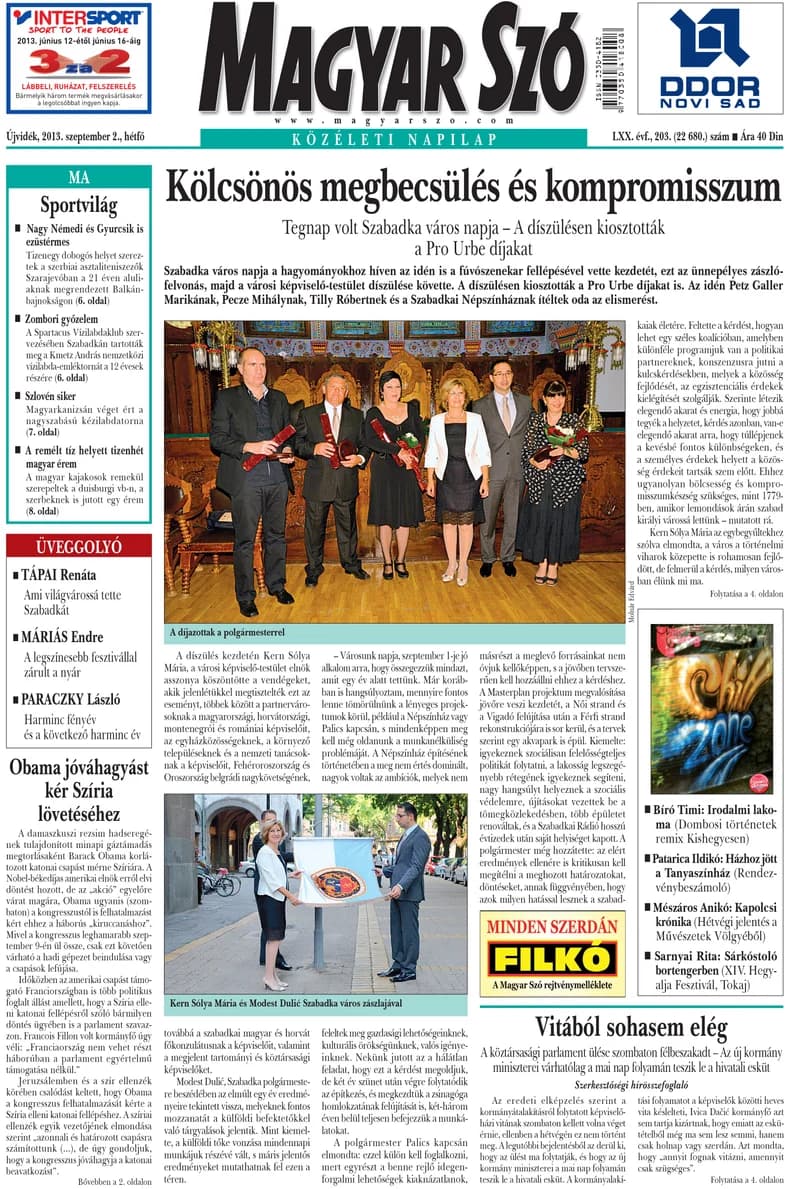 Magyar Szó, 70. évf. 2013. szeptember 2. 203. sz. 1–16. oldal