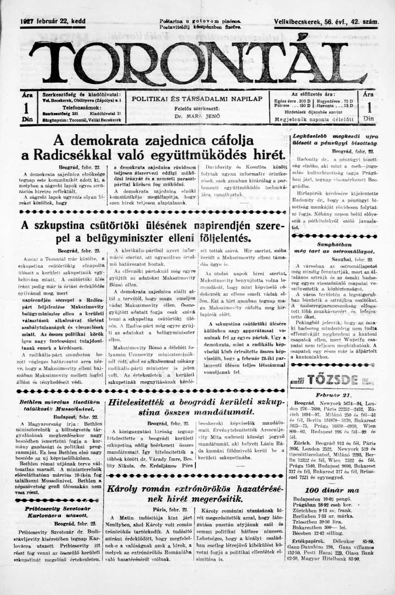 Torontál, 56. évf. 1927. február 22. 42. sz.