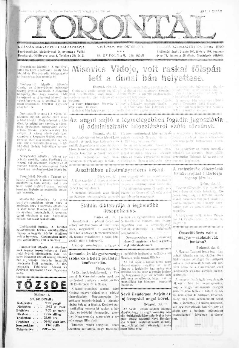 Torontál, 58. évf. 1929. október 13. 236. sz.