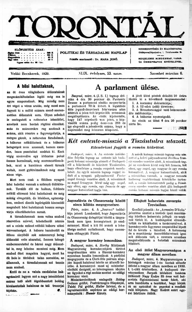 Torontál, 49. évf. 1920. március 6. 53. sz.
