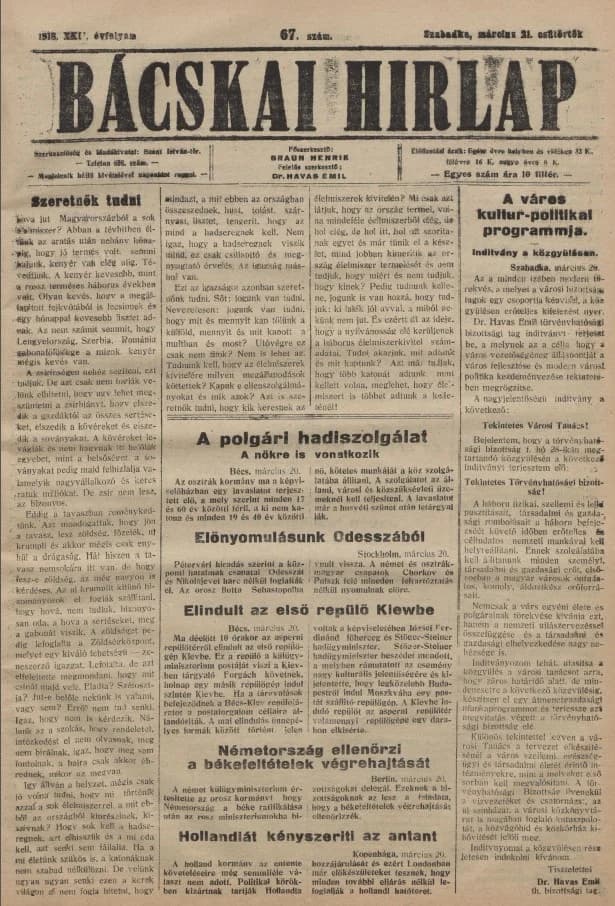 Bácskai Hirlap, 22. évf. 1918. március 21. 67. sz.