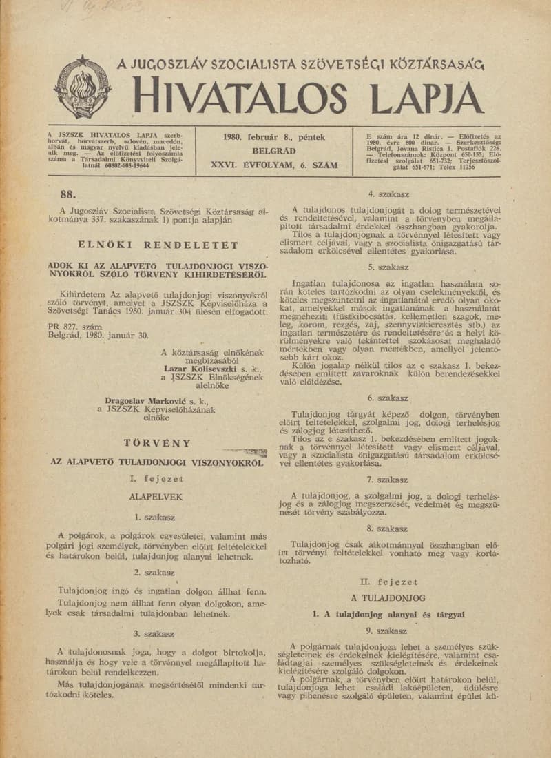 A Jugoszláv Szocialista Szövetségi Köztársaság Hivatalos Lapja, 36. évf. 1980. február 8. 6. sz. 189–220. oldal