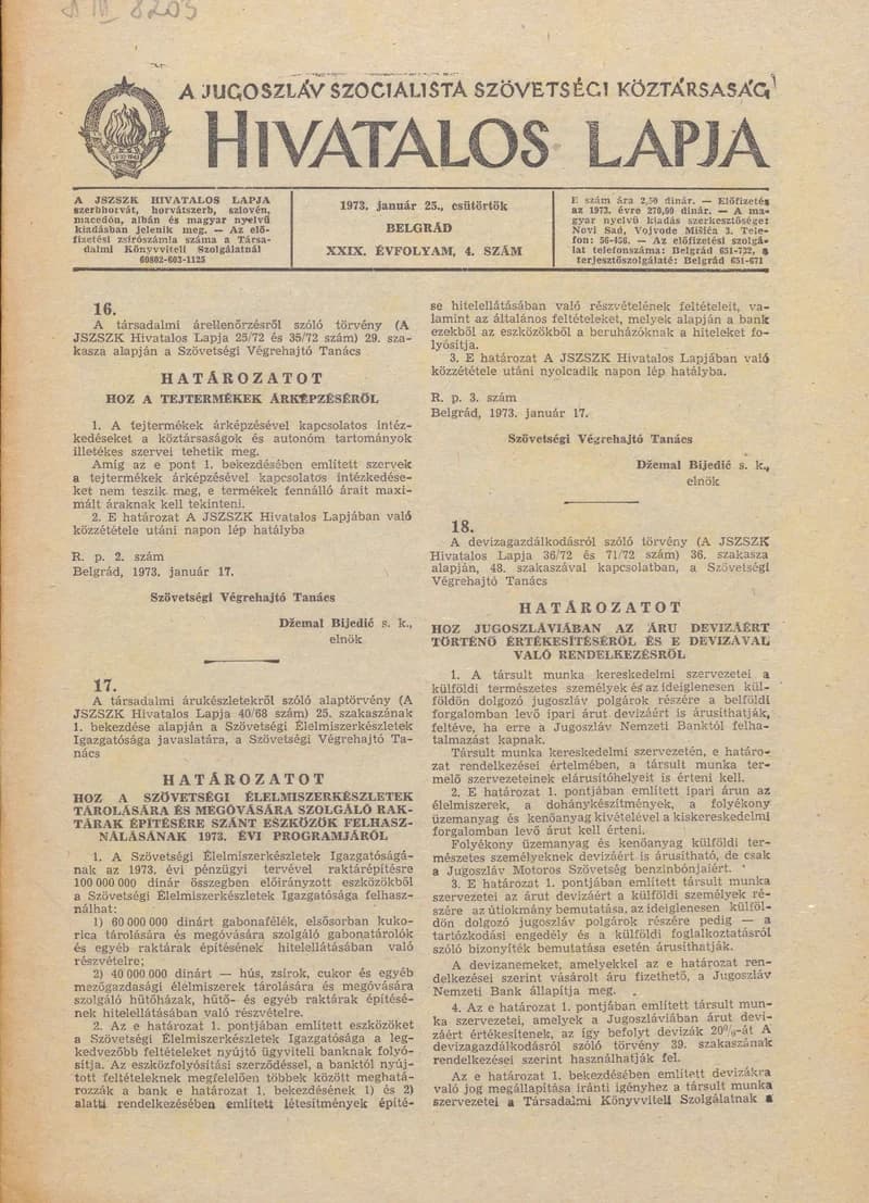 A Jugoszláv Szocialista Szövetségi Köztársaság Hivatalos Lapja, 29. évf. 1973. január 25. 4. sz. 49–64. oldal