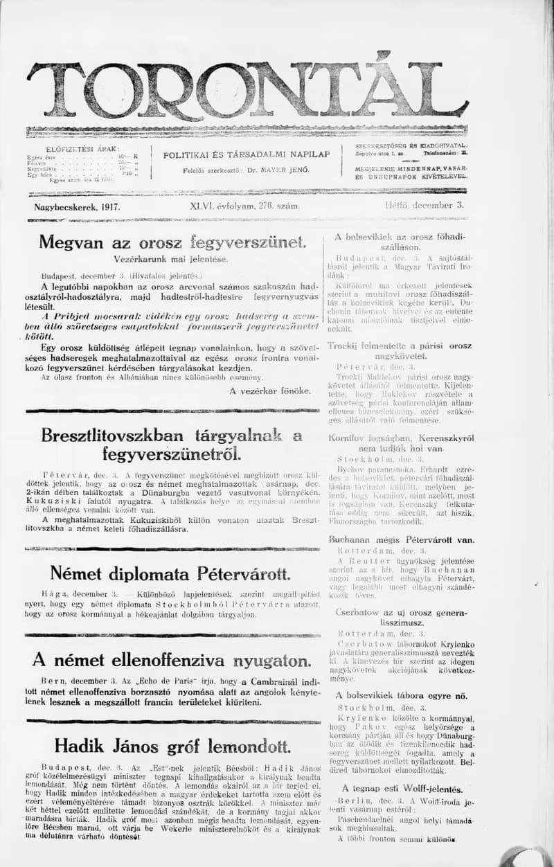 Torontál, 46. évf. 1917. december 3. 276. sz.