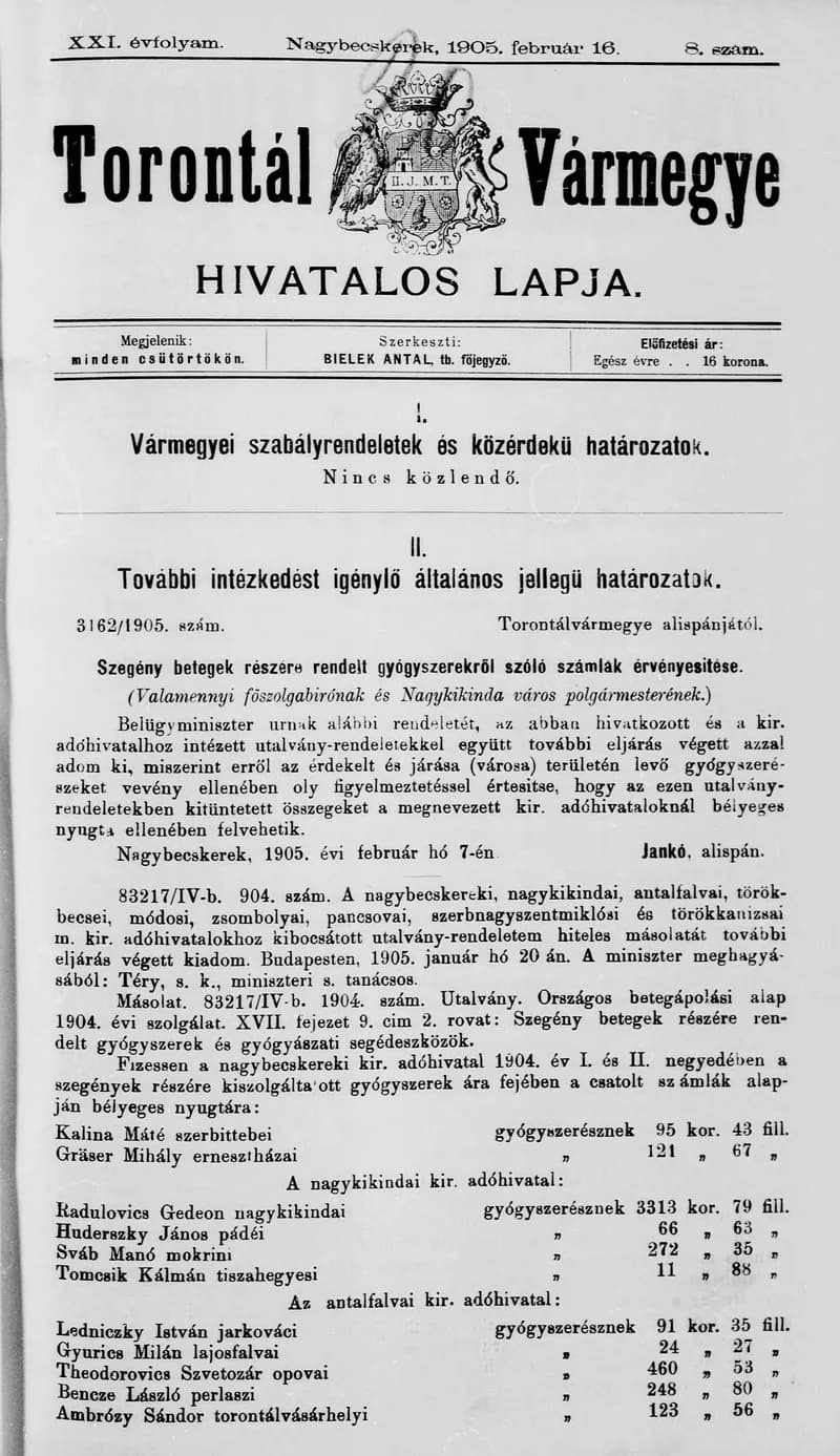 Torontál Vármegye Hivatalos Lapja, 21. évf. 1905. február 16. 8. sz.