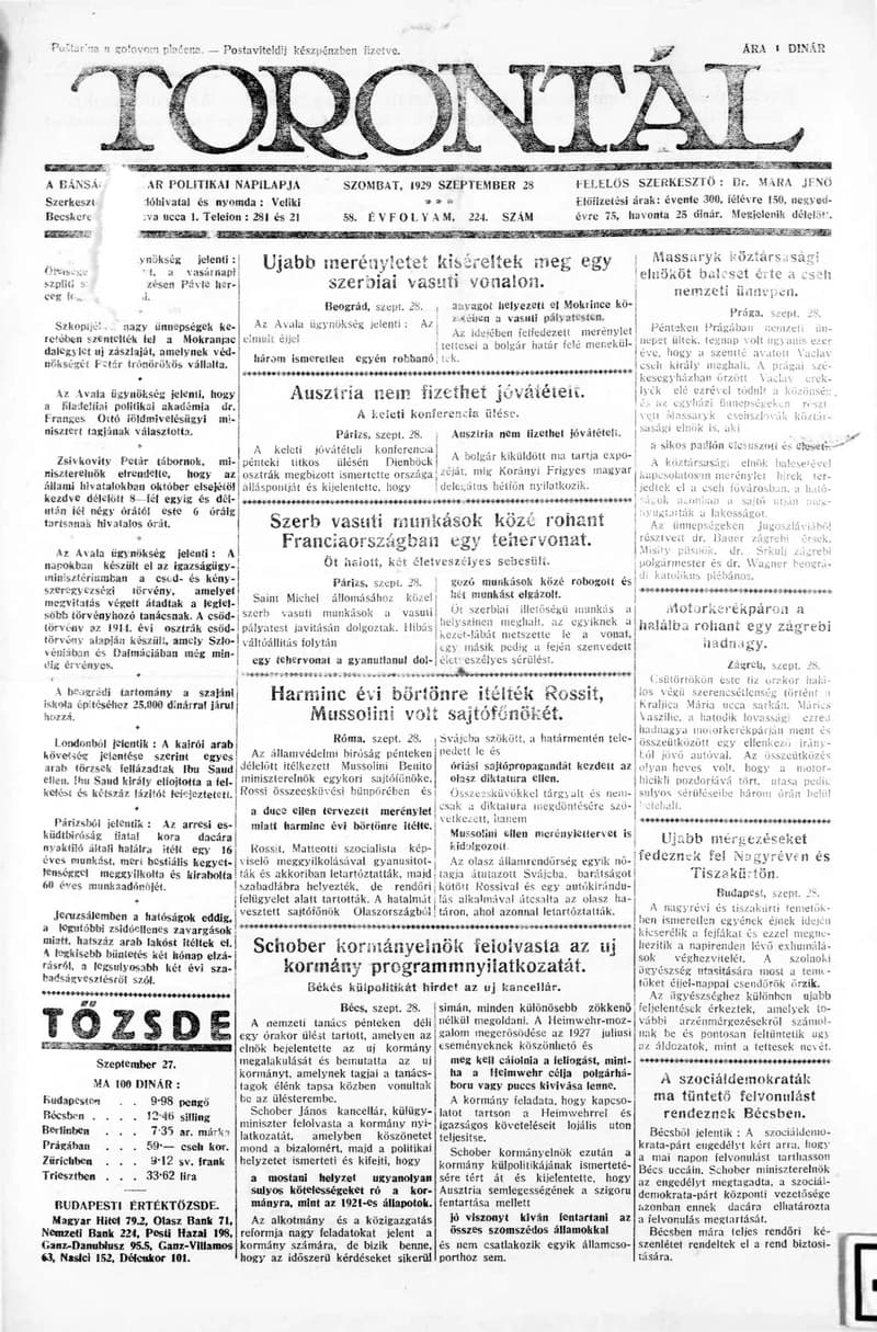 Torontál, 58. évf. 1929. szeptember 28. 224. sz.