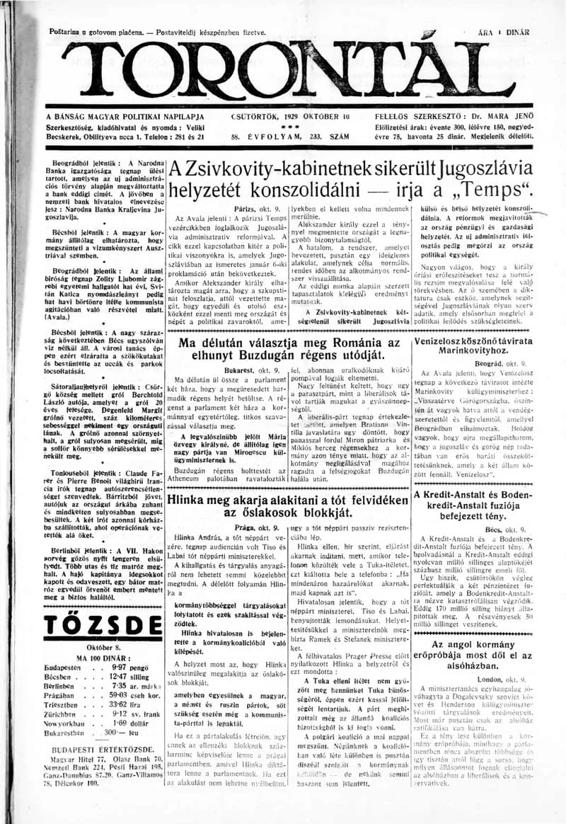 Torontál, 58. évf. 1929. október 10. 233. sz.