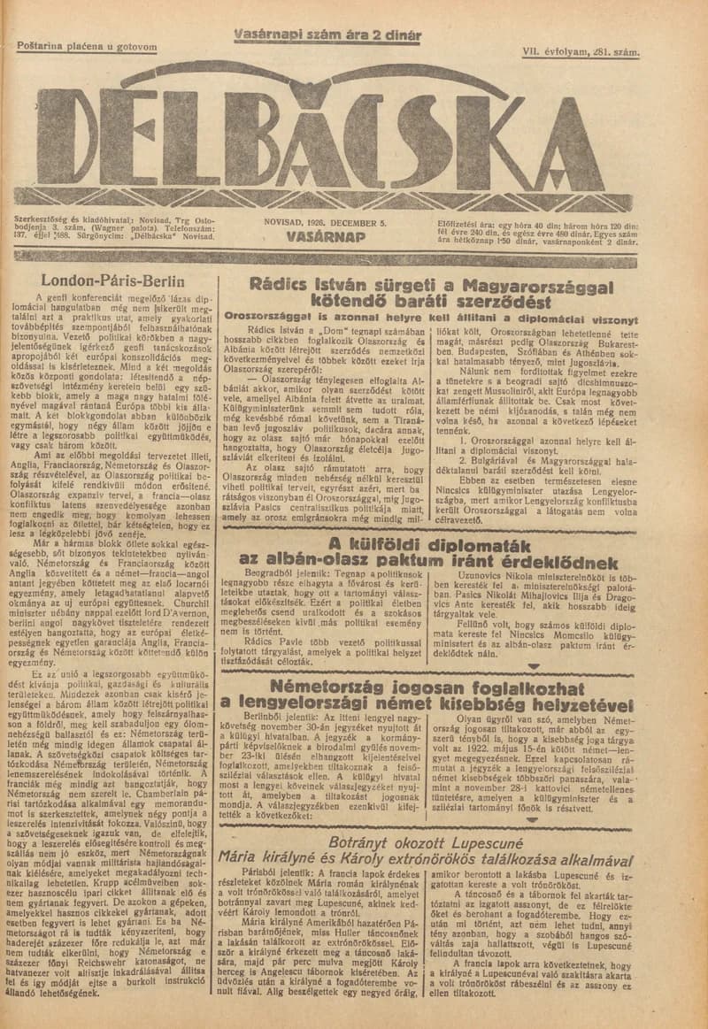 Délbácska, 7. évf. 1926. december 5. 281. sz.