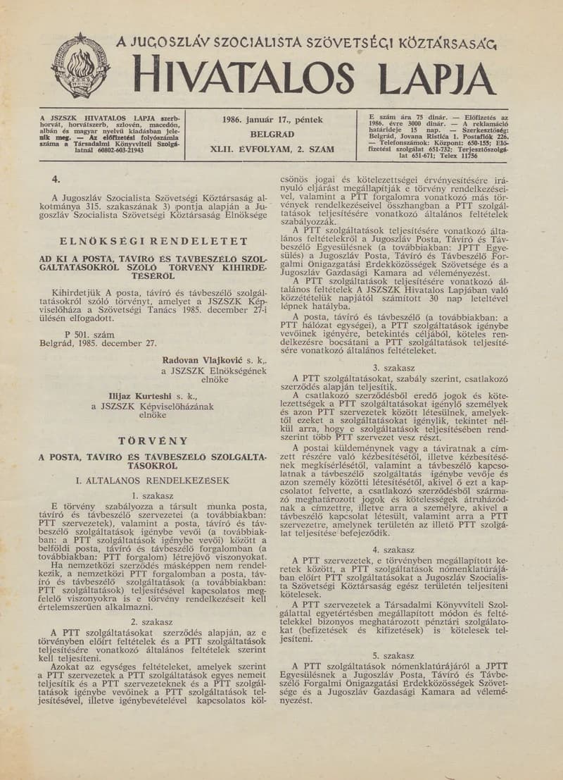 A Jugoszláv Szocialista Szövetségi Köztársaság Hivatalos Lapja, 42. évf. 1986. január 17. 2. sz. 13–52. oldal