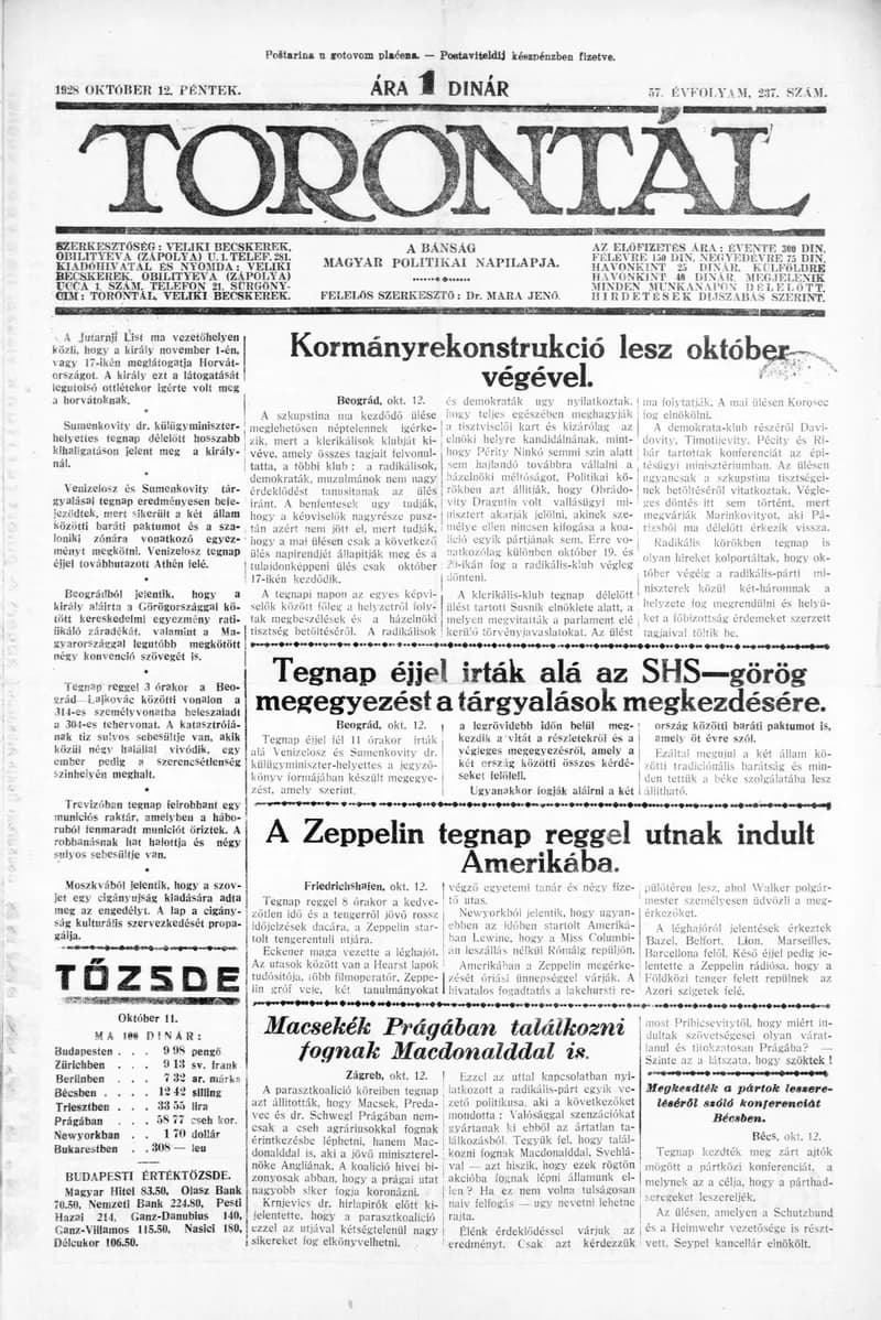 Torontál, 57. évf. 1928. október 12. 237. sz.
