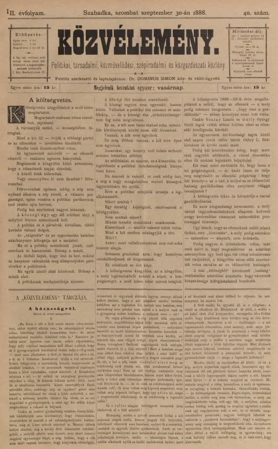 Közvélemény, 3. évf. 1888. szeptember 30. 40. sz.