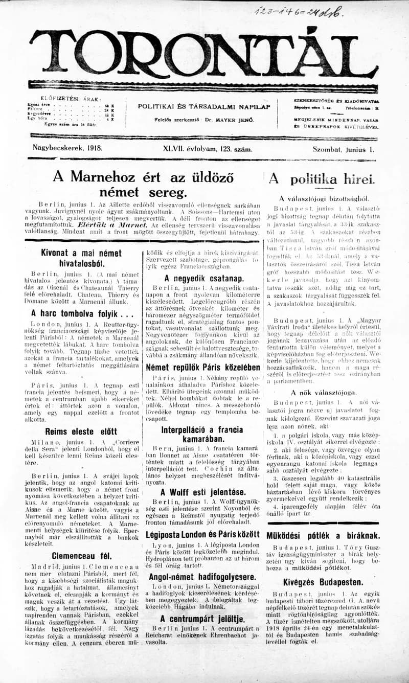 Torontál, 47. évf. 1918. június 1. 123. sz.