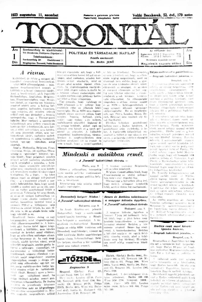 Torontál, 52. évf. 1923. augusztus 11. 179. sz.