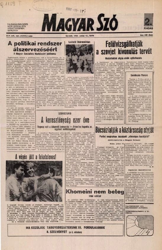 Magyar Szó, 45. évf. 1988. június 13. 161. sz. 1–20. oldal