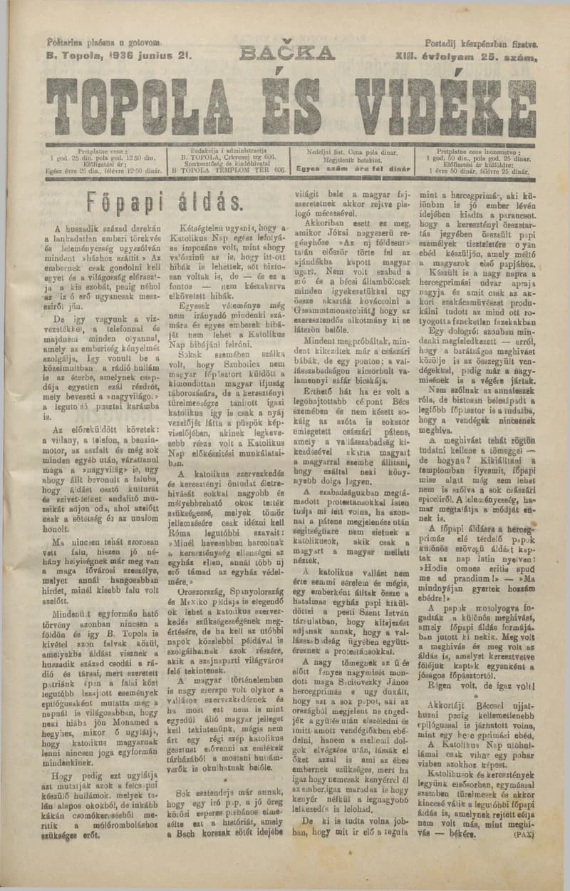 Bačka Topola és Vidéke, 13. évf. 1936. június 21. 25. sz.