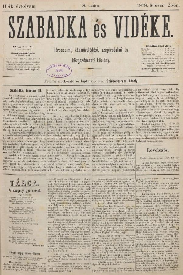 Szabadka és vidéke, 2. évf. 1878. február 21. 8. sz.