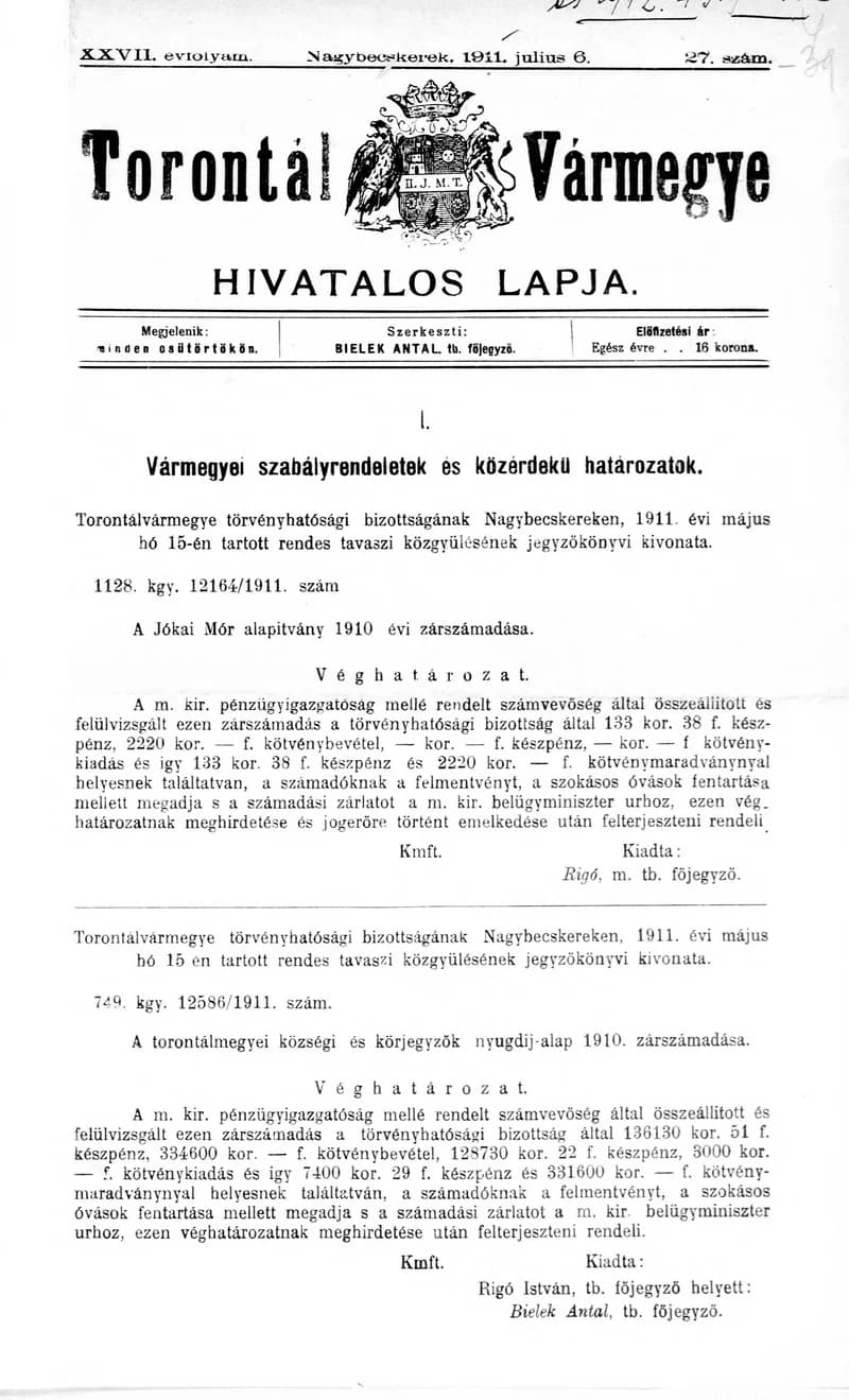 Torontál Vármegye Hivatalos Lapja, 27. évf. 1911. július 6. 27. sz.