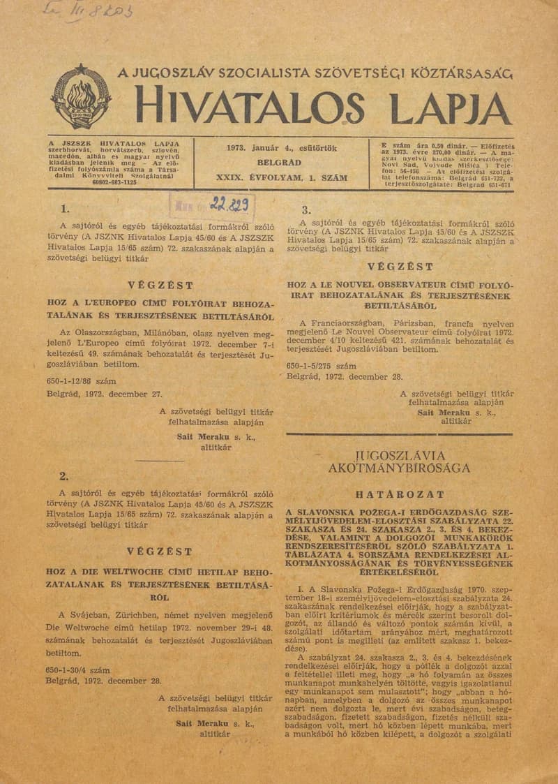 A Jugoszláv Szocialista Szövetségi Köztársaság Hivatalos Lapja, 29. évf. 1973. január 4. 1. sz. 1–4. oldal