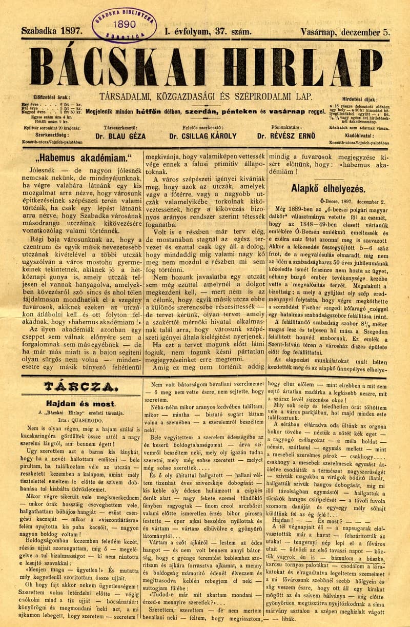 Bácskai Hirlap, 1. évf. 1897. december 5. 37. sz. 1–4. oldal