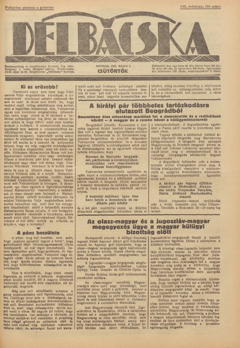 Délbácska, 8. évf. 1927. május 5. 104. sz.