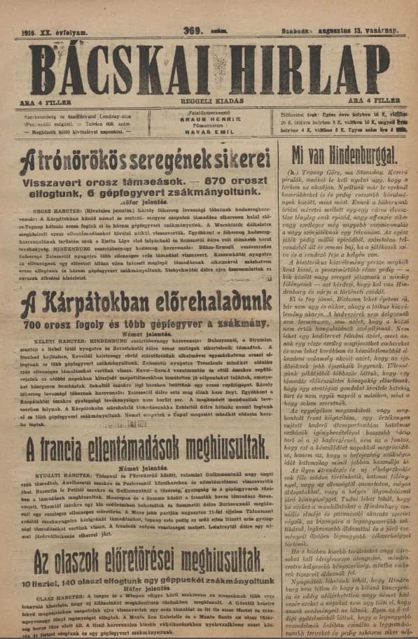 Bácskai Hirlap, 20. évf. 1916. augusztus 13. 369. sz.