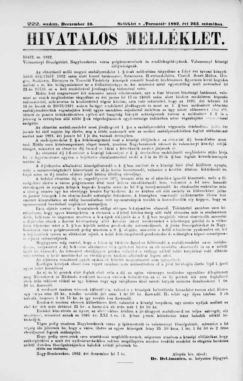 A Totontál  hivatalos melléklete, 5. évf. 1892. december 10. 222. sz.