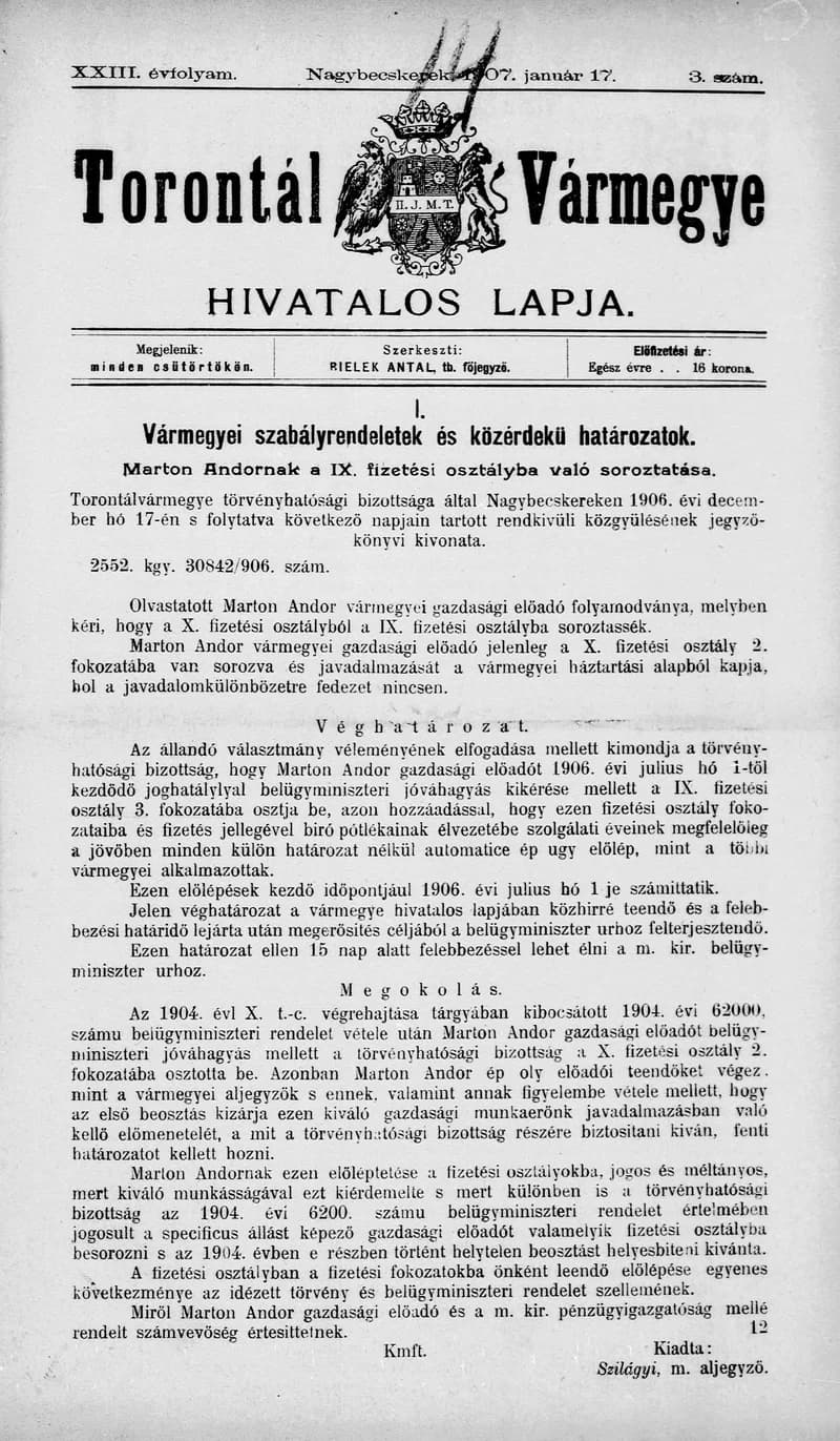 Torontál Vármegye Hivatalos Lapja, 23. évf. 1907. január 17. 3. sz.
