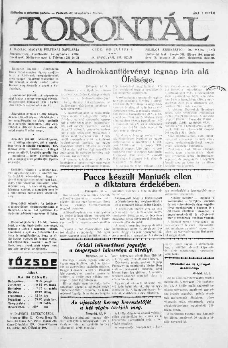 Torontál, 58. évf. 1929. július 9. 155. sz.