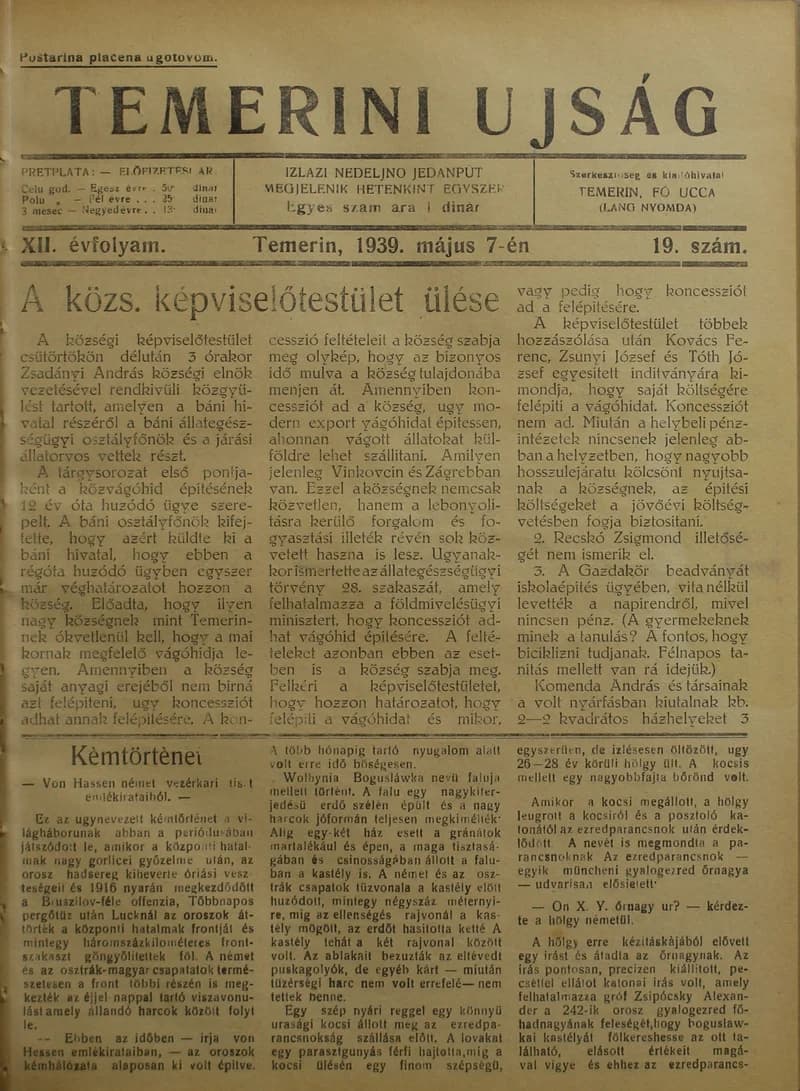 Temerini Újság 1928-1944, 12. évf. 1939. május 7. 19. sz.