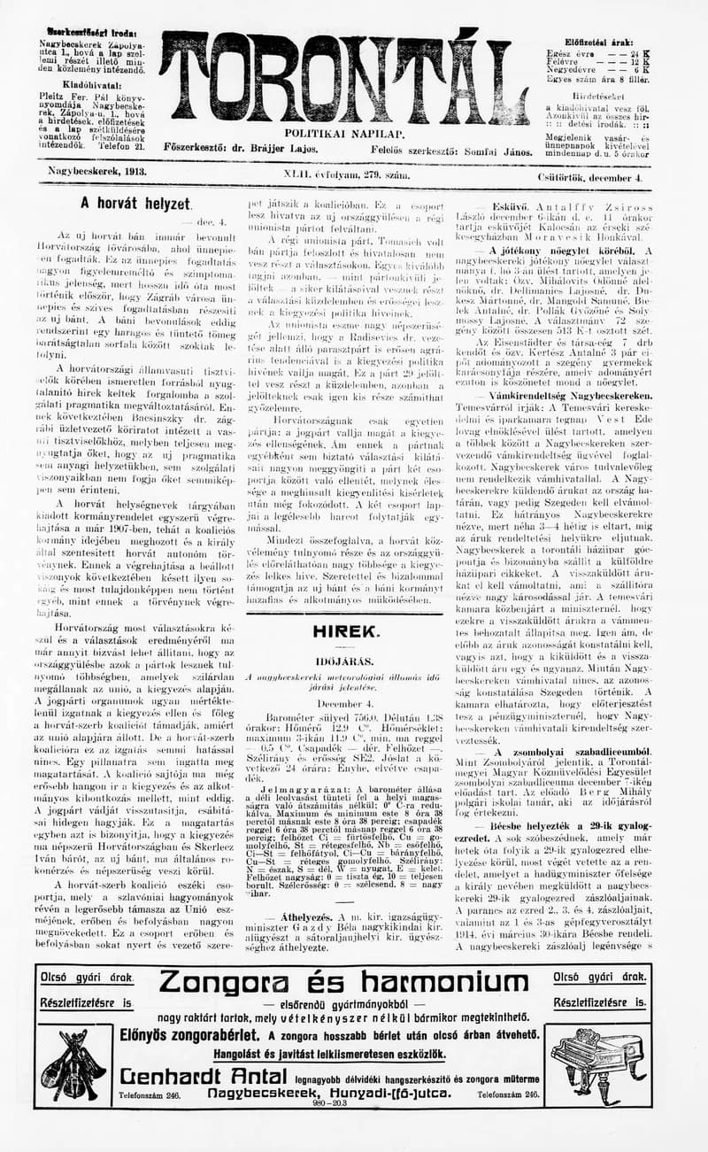 Torontál, 42. évf. 1913. december 4. 279. sz.