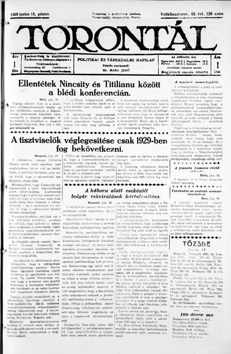 Torontál, 55. évf. 1926. június 18. 138. sz.