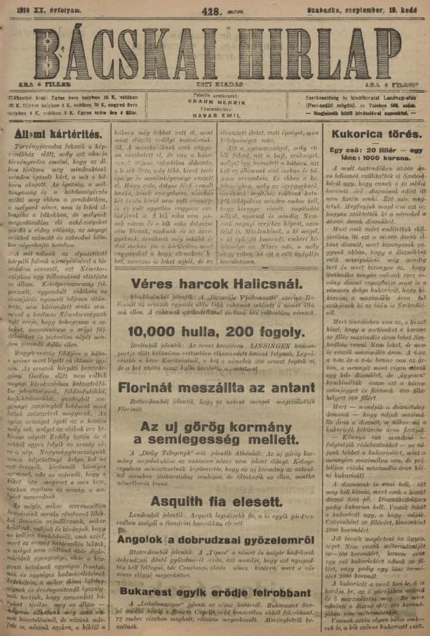 Bácskai Hirlap, 20. évf. 1916. szeptember 19. 428. sz.
