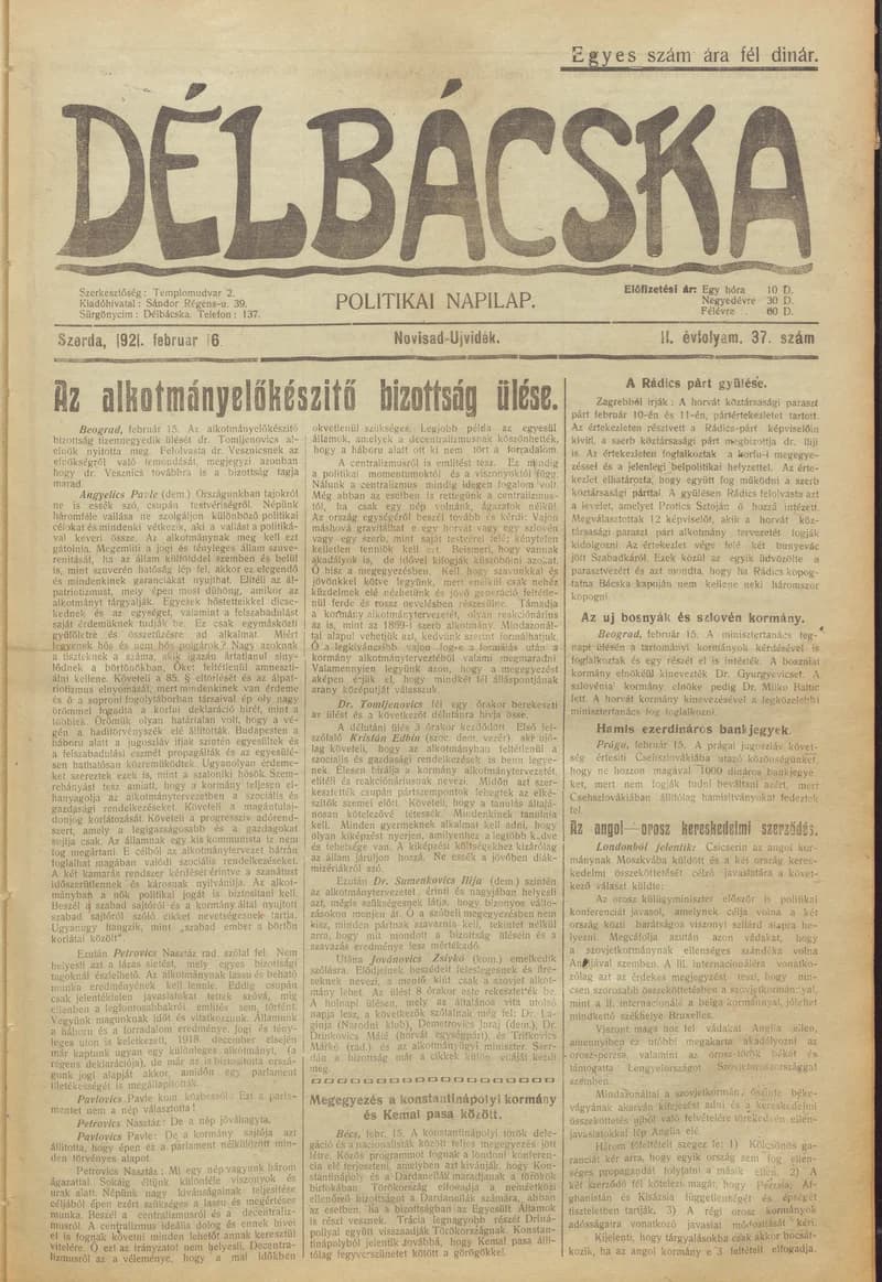 Délbácska, 2. évf. 1921. február 16. 37. sz.