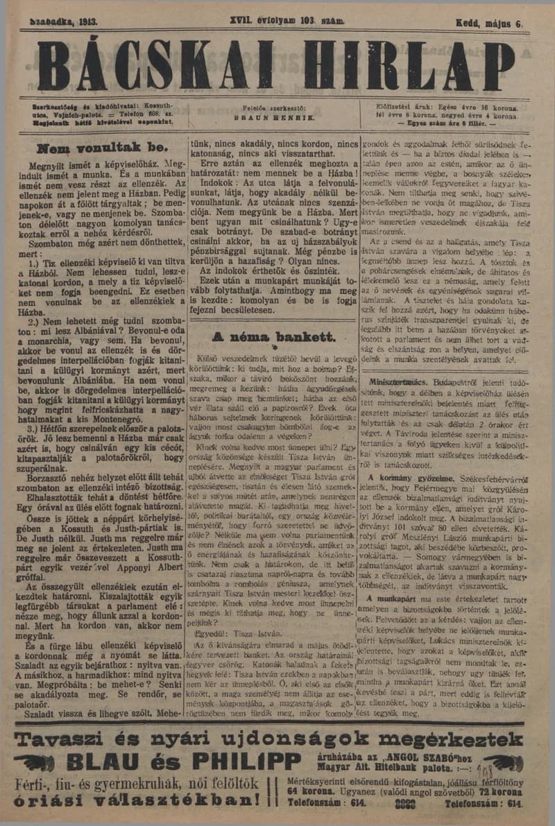 Bácskai Hirlap, 17. évf. 1913. május 6. 103. sz.