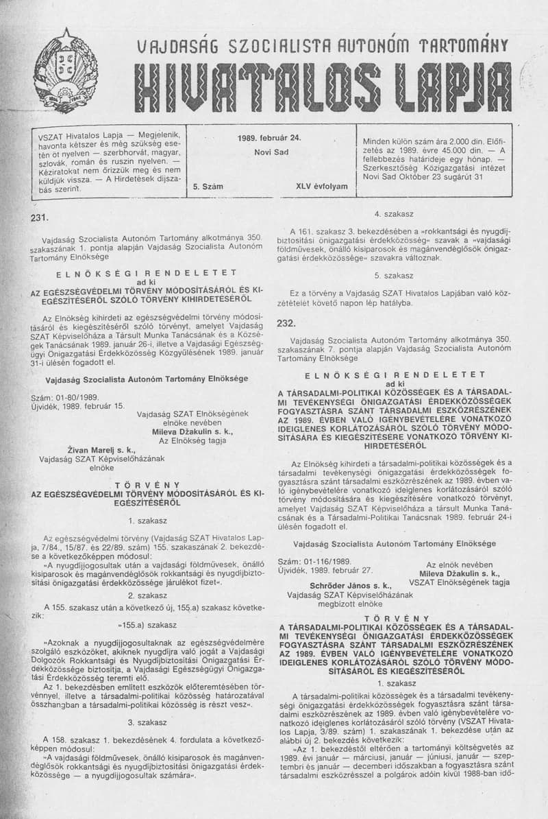 Vajdaság Szocialista Autonóm Tartomány Hivatalos Lapja, 45. évf. 1989. február 24. 5. sz.