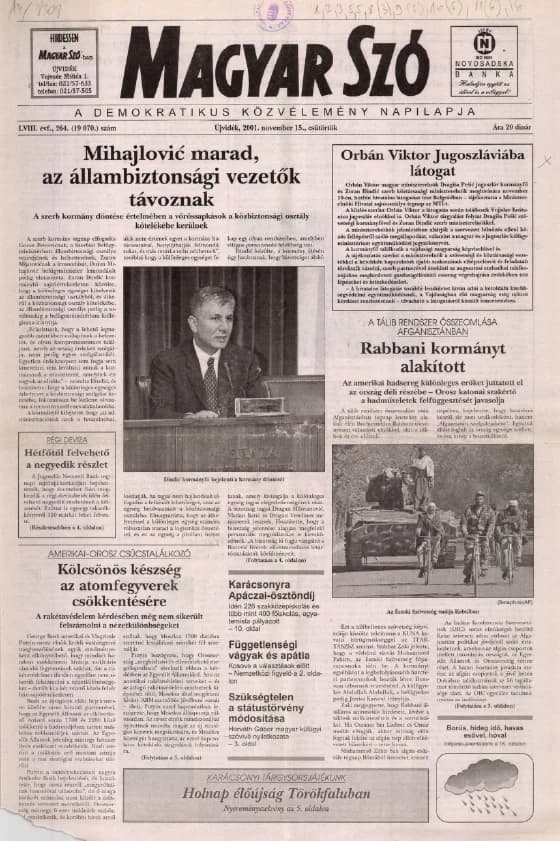 Magyar Szó, 58. évf. 2001. november 15. 264. sz. 1–16. oldal