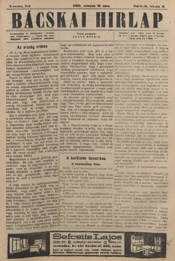 Bácskai Hirlap, 18. évf. 1914. február 19. 40. sz.