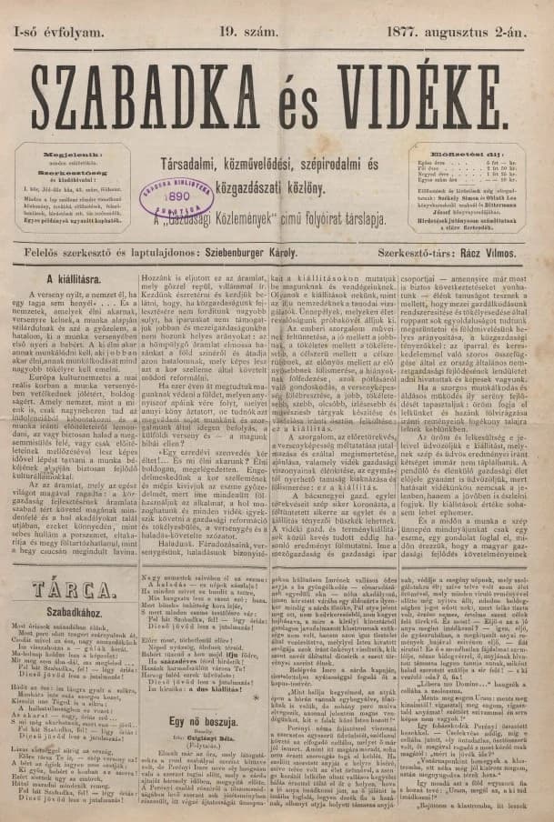 Szabadka és vidéke, 1. évf. 1877. augusztus 2. 19. sz.