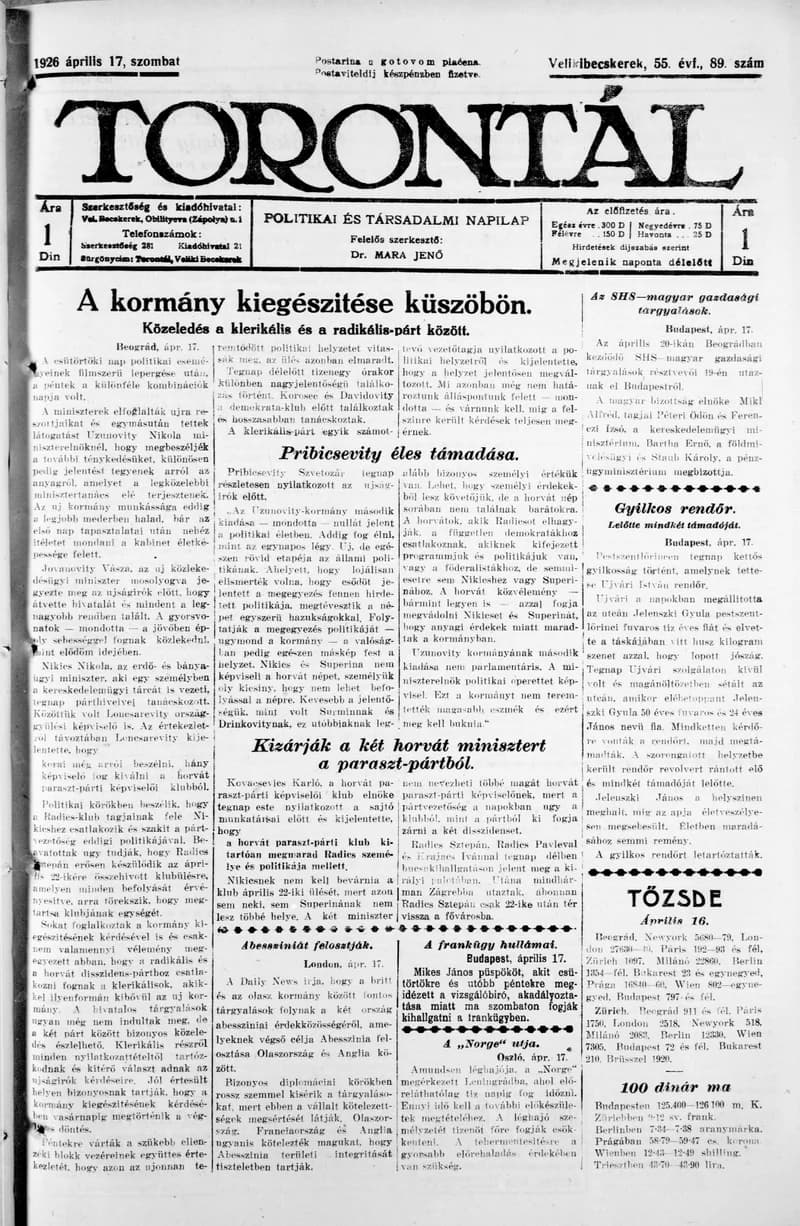 Torontál, 55. évf. 1926. április 17. 89. sz.