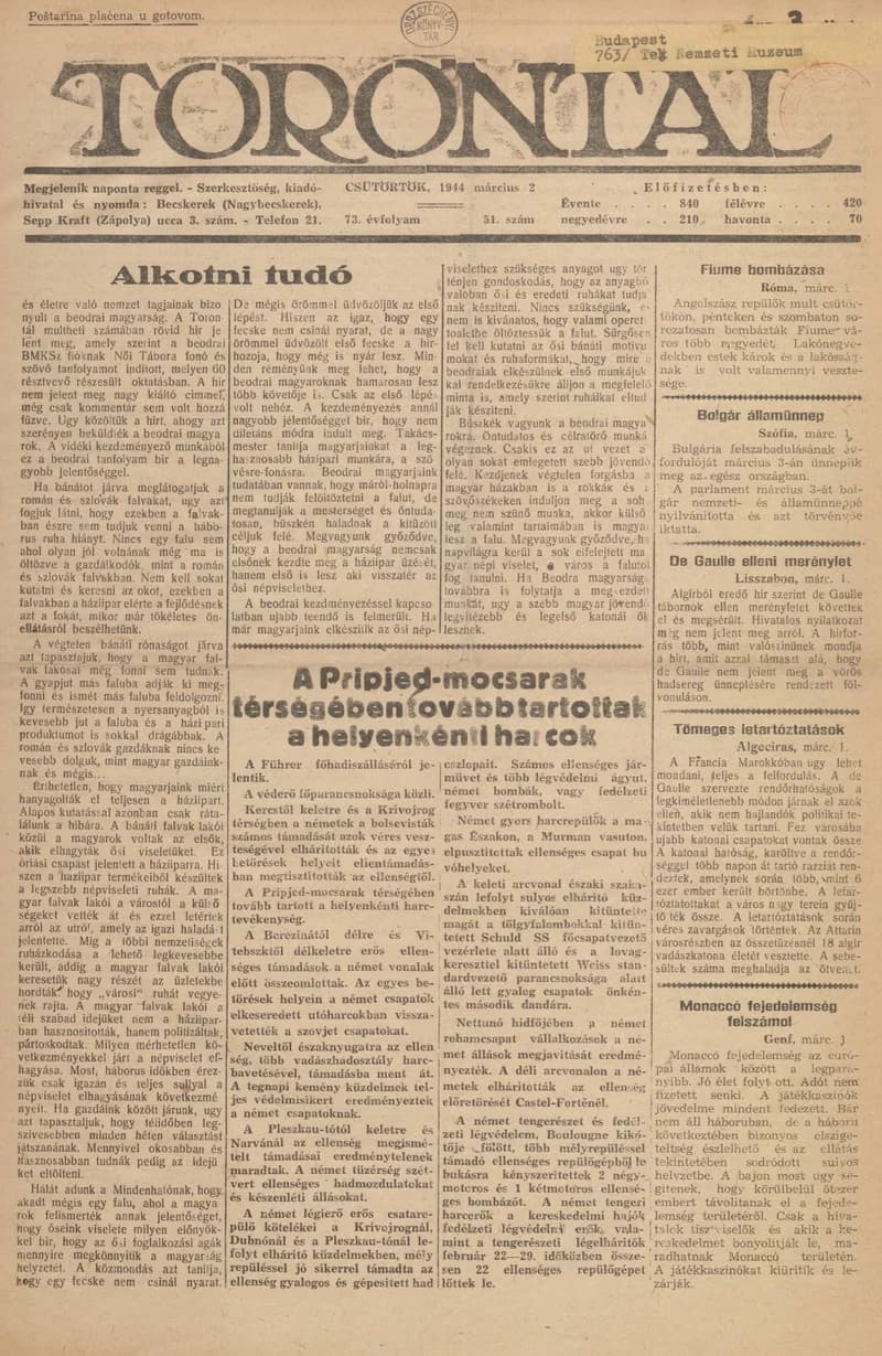 Torontál, 73. évf. 1944. március 2. 51. sz.