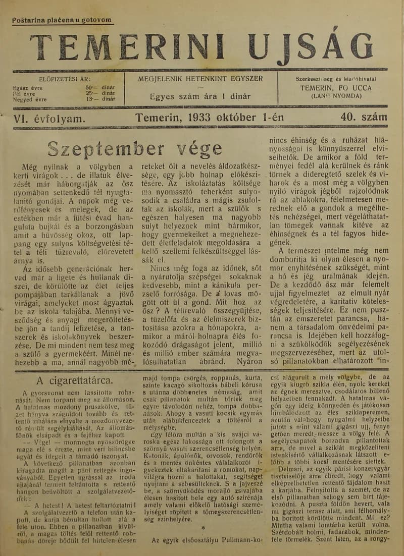 Temerini Újság 1928-1944, 6. évf. 1933. október 1. 40. sz.