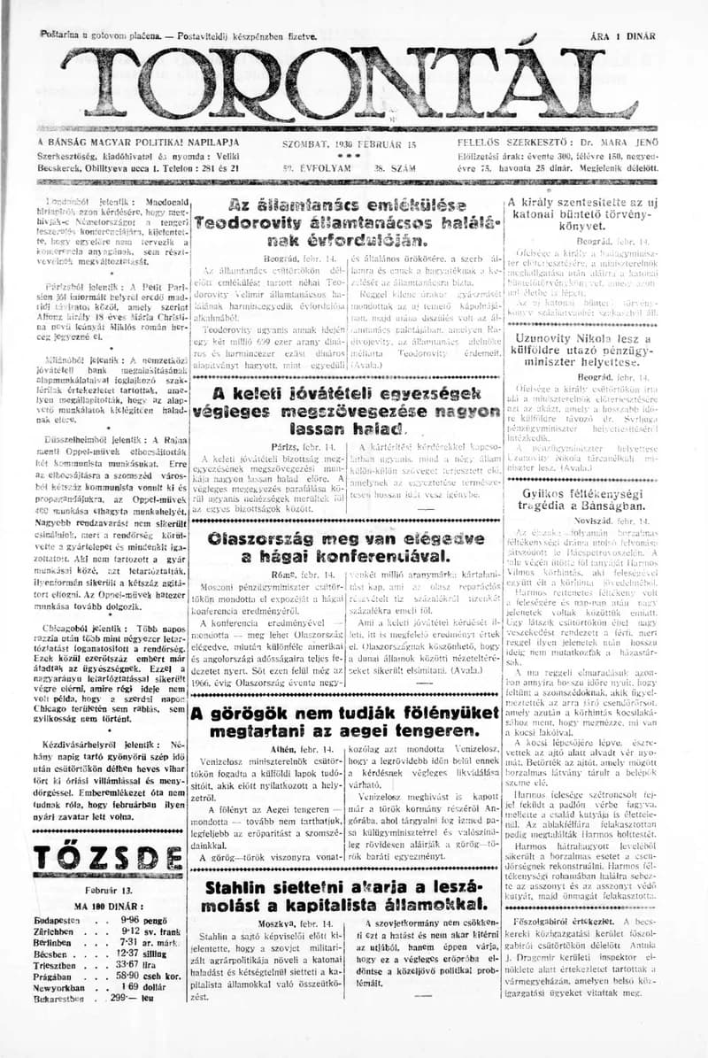 Torontál, 59. évf. 1930. február 15. 38. sz.