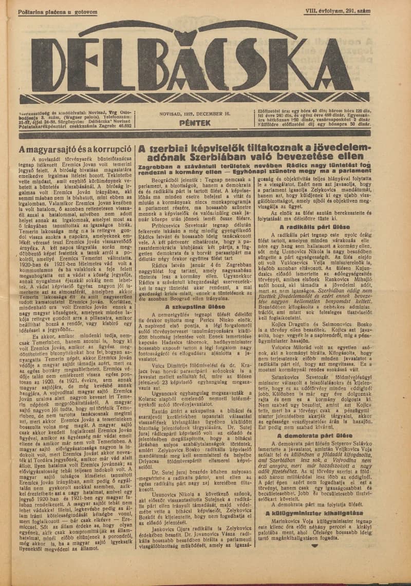 Délbácska, 8. évf. 1927. december 16. 291. sz.