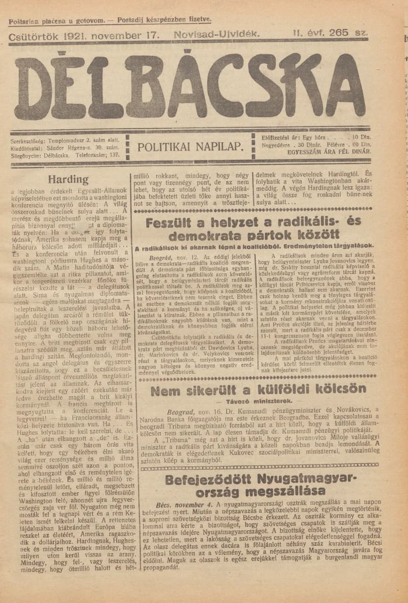 Délbácska, 2. évf. 1921. november 17. 265. sz.