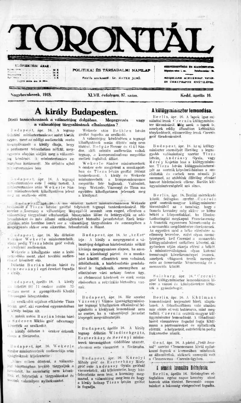 Torontál, 47. évf. 1918. április 16. 87. sz.