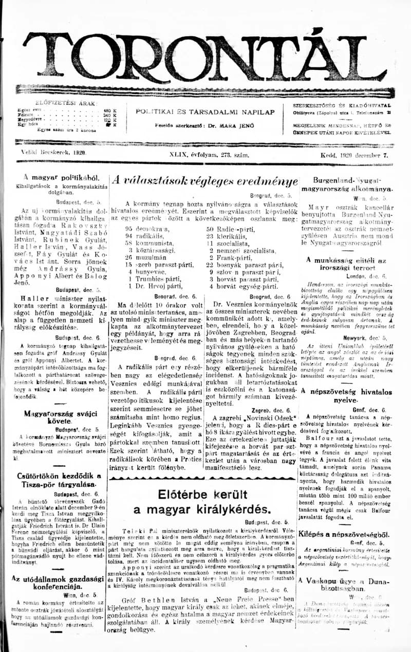 Torontál, 49. évf. 1920. december 7. 273. sz.