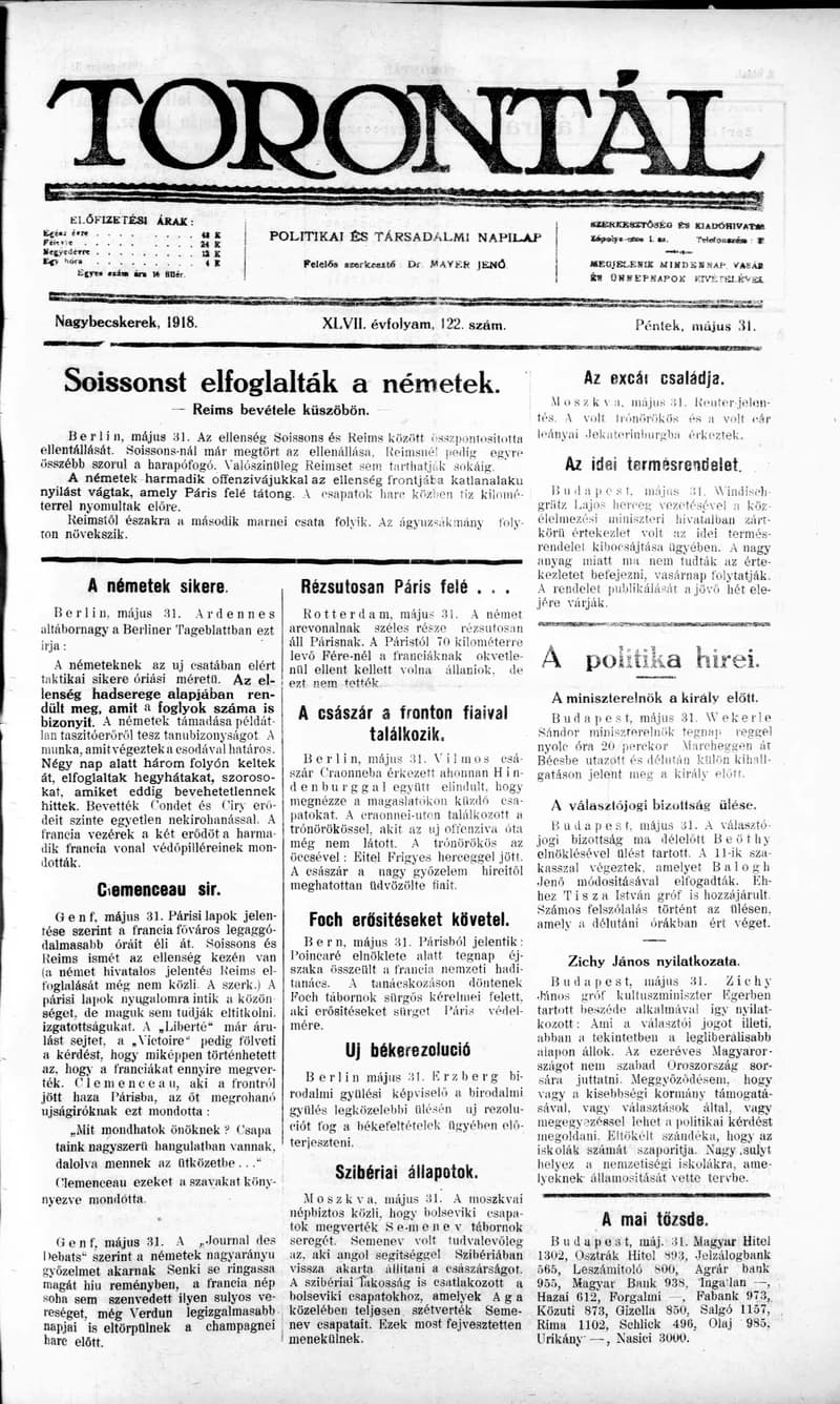 Torontál, 47. évf. 1918. május 31. 122. sz.