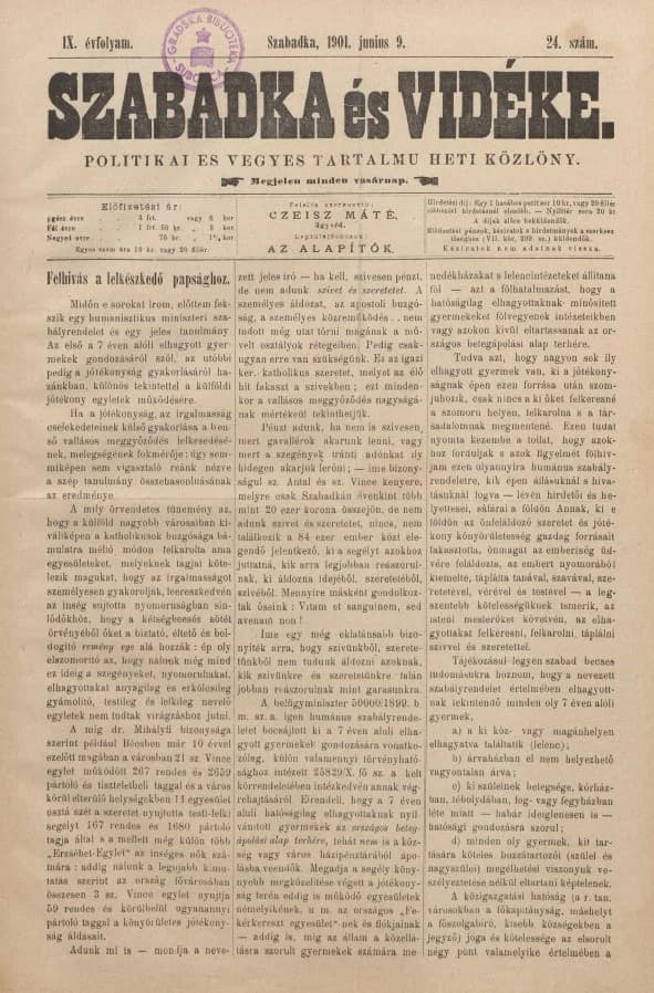 Szabadka és vidéke II, 9. évf. 1901. június 9. 24. sz.