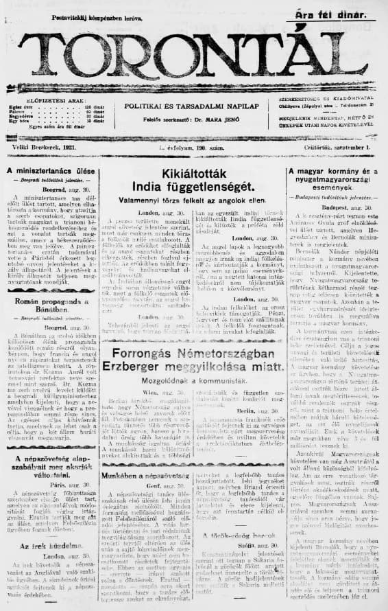 Torontál, 50. évf. 1921. szeptember 1. 190. sz.
